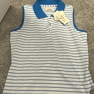 Women’s golf shirt. Teal collar and stripes.